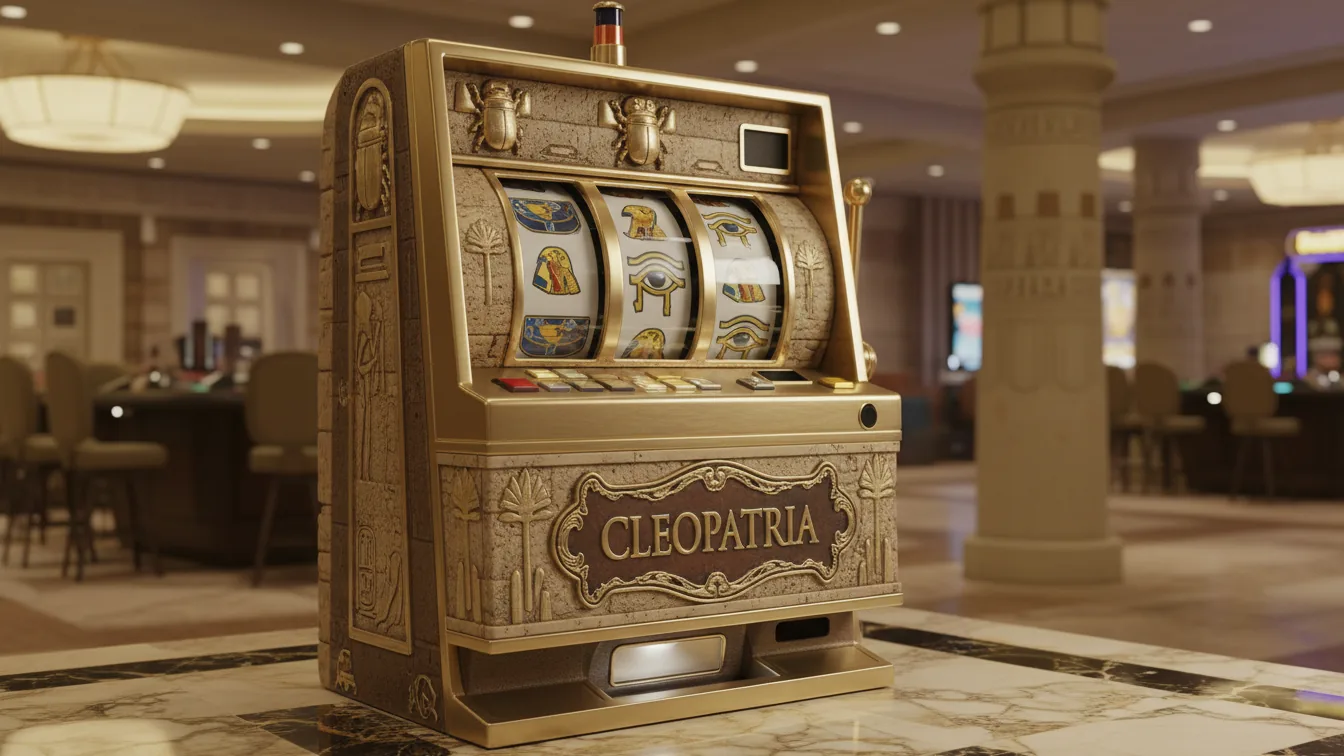 Cleopatra slots game interface, spinning reels